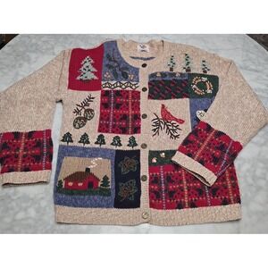 Vintage Nutcracker Winter Cabin Cardigan Sweater Women's Size Medium Bonus Angel